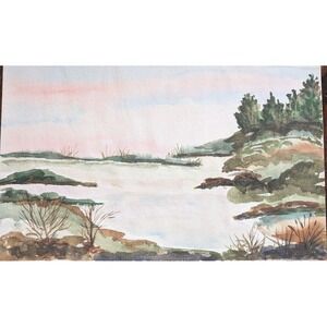 Vtg 70s Landscape Watercolor 10x16 Lake Water Front Nature Country Signed Banas